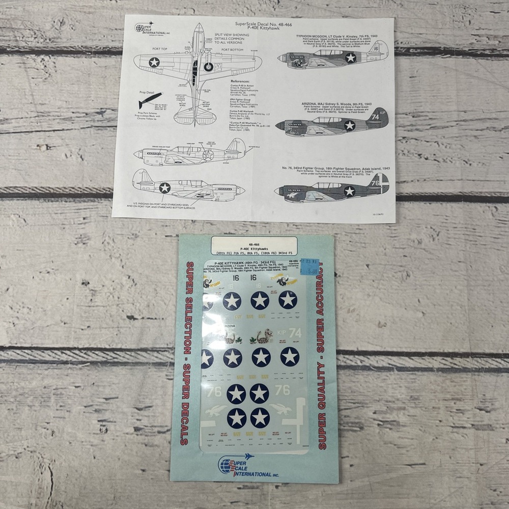 1/48 Super Scale Decal Sheet 48466 P-40E Kittyhawks 7,8,343 FS 49,18th FG NEW